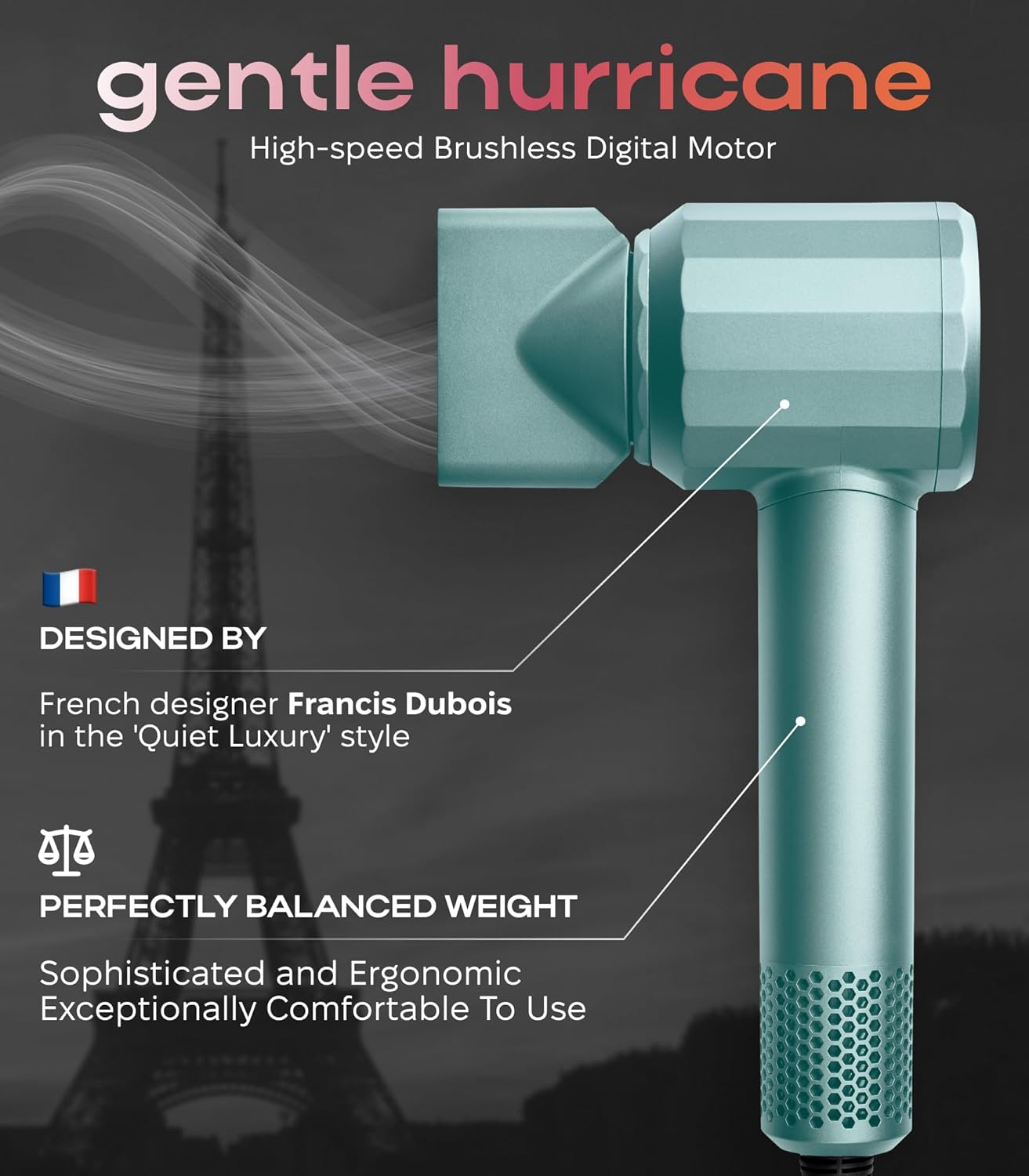 Ionic Hair Dryer Premium Quality, High-Speed Professional Brushless Motor 110,000 RPM, 1600W Power, 9 ft Long Cord and Magnetic Nozzle, Lightweight Blow Dryer, Ultra Quiet Fast Drying (Green)