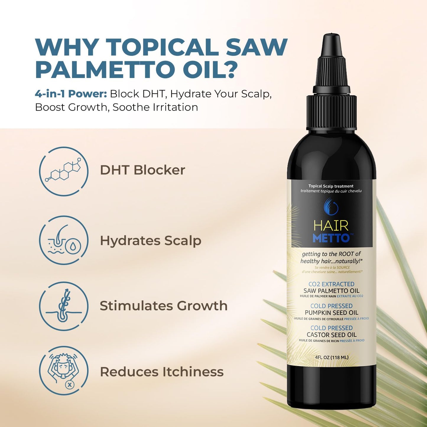 Saw Palmetto Extract Pumpkin Seed Oil for Hair Growth - 10X Potency Targeted Scalp Treatment with Castor, Lavender Scent, Rosemary Oil for Hair 4oz (118ml)