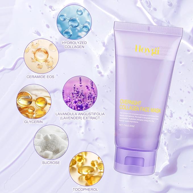 Collagen Night Wrapping Mask with Brush - Hydrolyzed Collagen Overnight Wrapping Peel Off Facial Mask Pack - Tightens & Hydration Collagen Face Mask Skin Care, Reduces Sagging & Dullness(2.54 fl.oz)