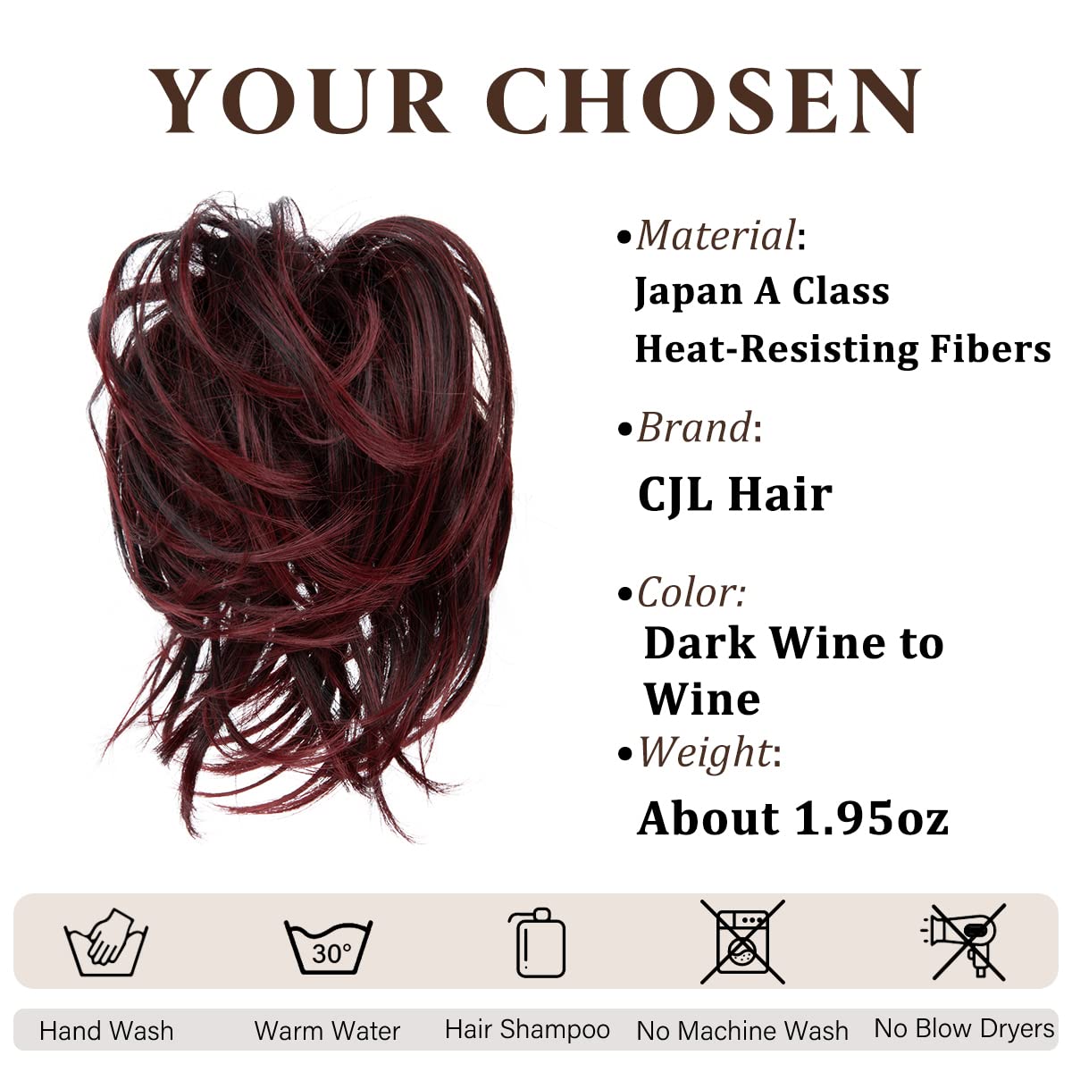 CJL HAIR Large Messy Bun Hair Piece Wavy Curly Scrunchies Synthetic Chignon Ponytail Hair Extensions Thick Updo Hairpieces for Women Dark Wine to Wine