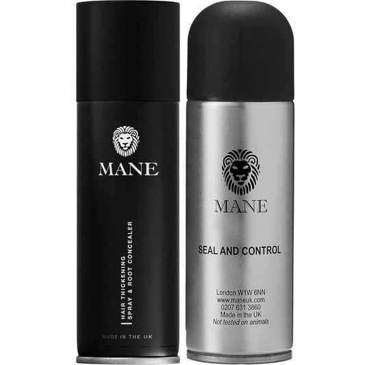 MANE Hair Thickening Spray & Root Touch Up, Seal & Control Combo Pack, Instantly Thicker Hair for Men & Women, Fill in Hairlines and Hide Thinning and Fine Patches - Silver, 12 Colors (6.76 oz)