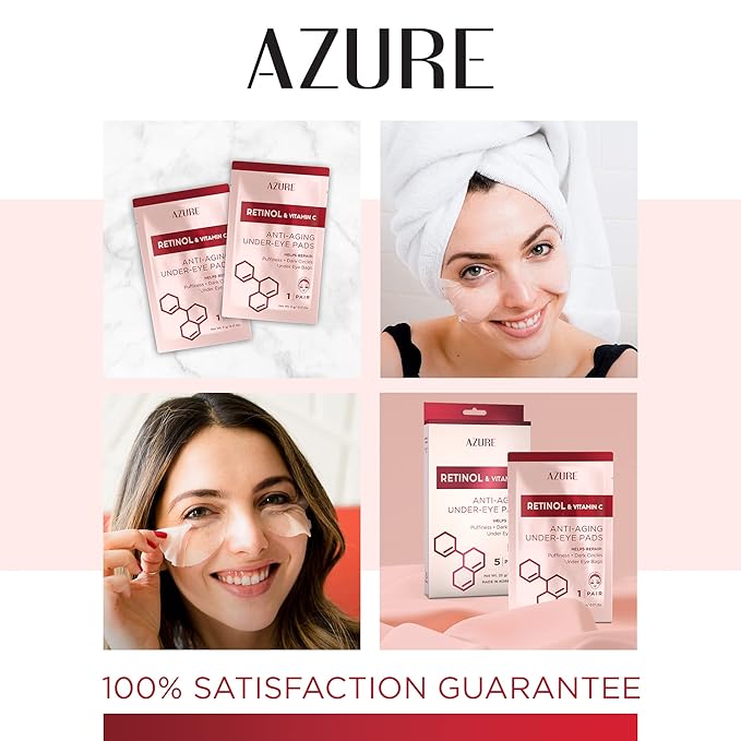 Azure Cosmetics Retinol & Vitamin C Anti Aging Under Eye Pads - Hydrating & Refreshing Eye Mask Patches - Reduces Fine Lines, Wrinkles, Dark Circles & Puffiness - Skin Care Made in Korea - 5 Pairs