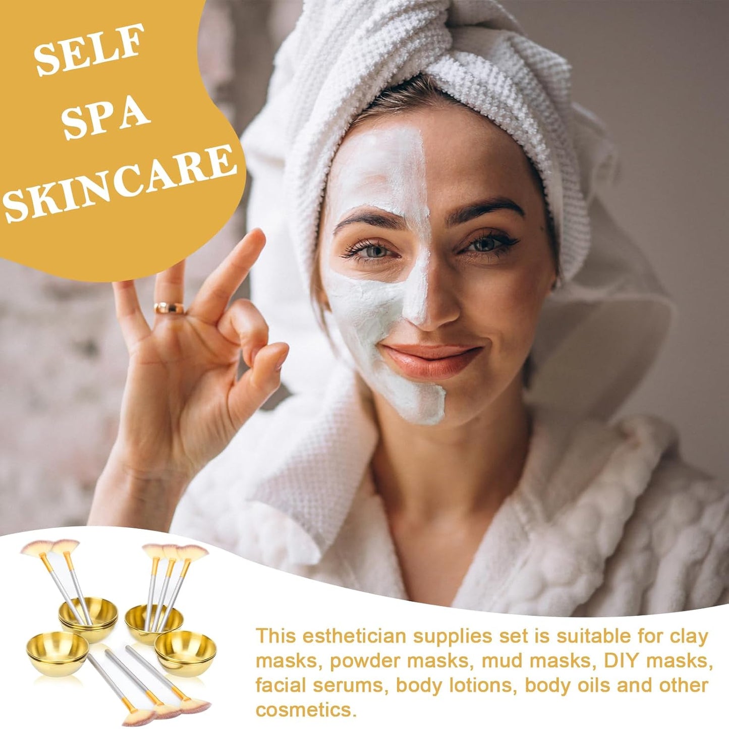 8 Pcs Gold Facial Bowl and Brush Set 4 Gold Stainless Steel Mixing Bowls 4 Facial Fan Brushes Esthetician Face Mask Brush for Mud Cream Makeup Spa Salon (8 Pcs)