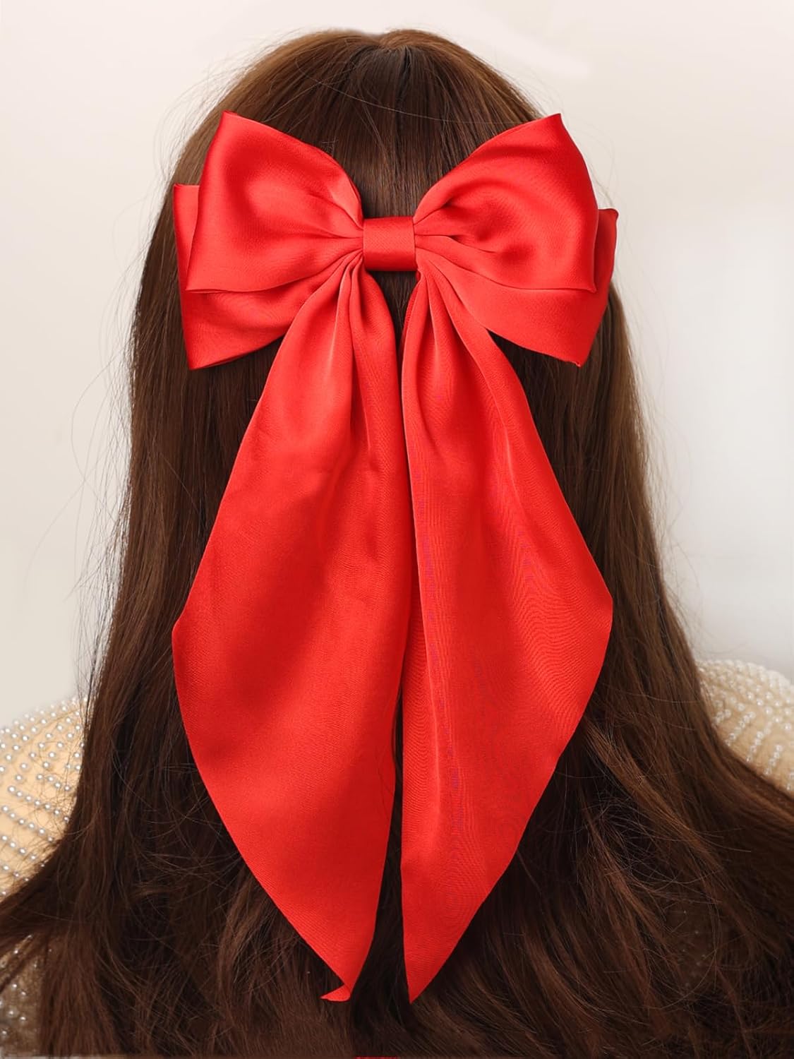 Furling Pompoms Hair Bow Clips, 3pcs Big Bows for Girls with Metal Clip Long Tail, Hair Barrettes Ribbon Women Hair Accessories in Black, Red, Yellow