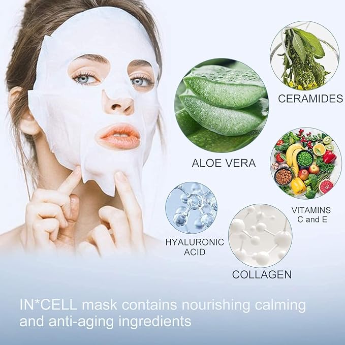 INCELLICE Derma Roller Facial Mask After Microneedling Mask, Hyaluronic Acid Face Mask, 5pcs Collagen Repair Sheet Mask for Hydration, Soothing, Cooling, Reducing Redness and Burnin