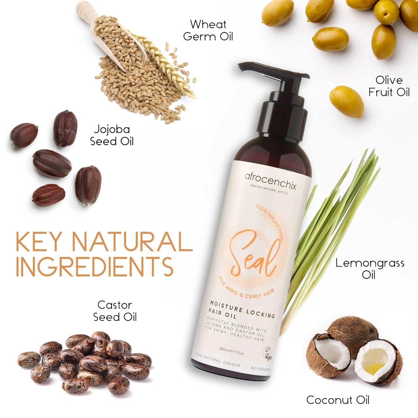 Afrocenchix Seal - Jojoba Oil for Afro and Curly Hair - Moisture Locking Pure and Natural Joba and Castor Oils for Shine, Growth, and Thicker Healthier Hair - Organic Vegan Formula - 200ml (7oz)