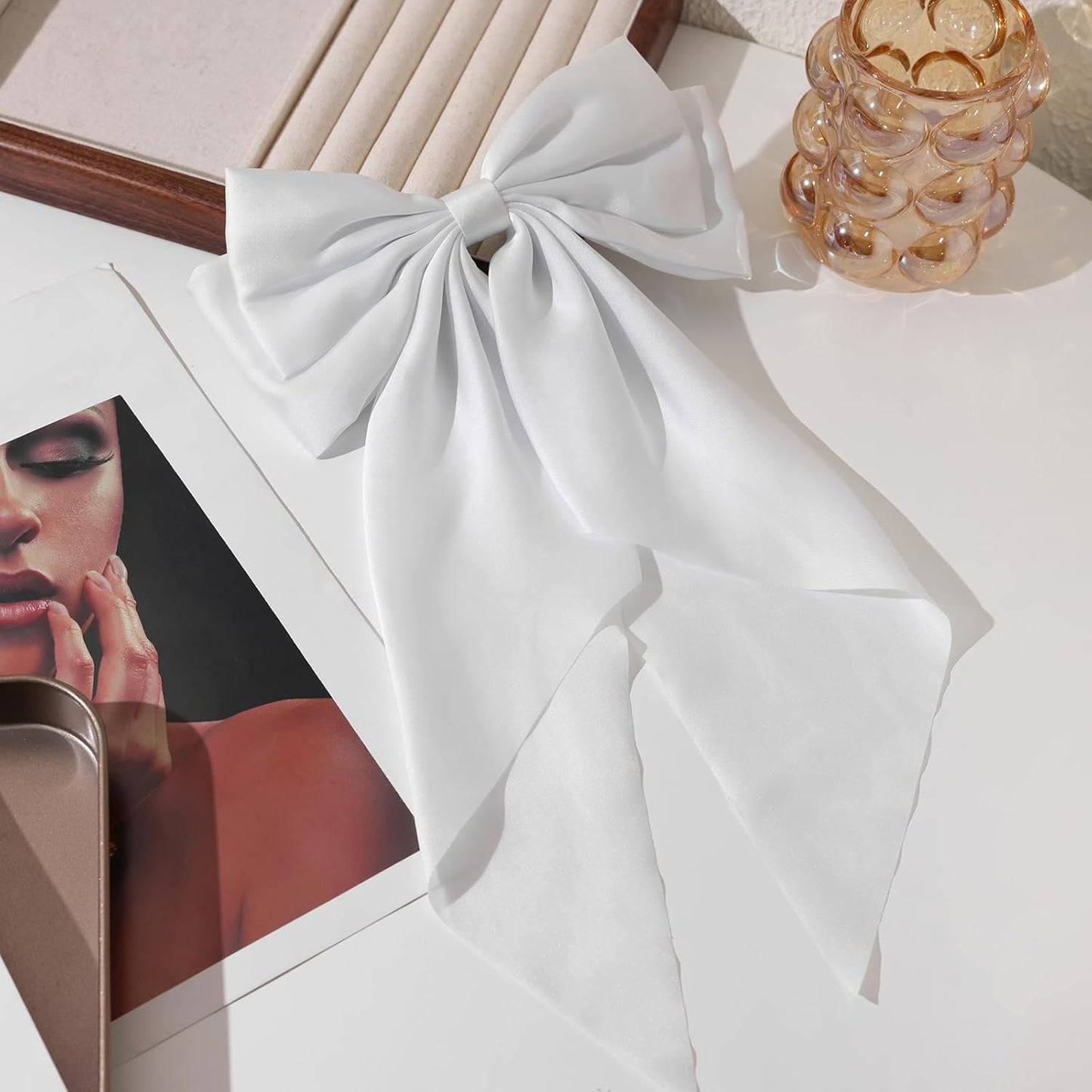 LFOUVRE Hair Accessories: Floral White Bowknot Barrettes, Dots Bow Clips with Tail, Solid Bow Hair Clips for Women and Girls, 3pcs Set