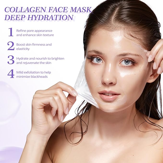 Collagen Night Wrapping Mask with Brush - Hydrolyzed Collagen Overnight Wrapping Peel Off Facial Mask Pack - Tightens & Hydration Collagen Face Mask Skin Care, Reduces Sagging & Dullness(2.54 fl.oz)