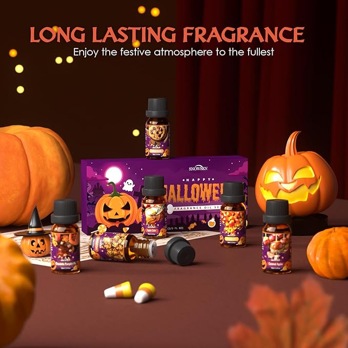 Halloween Fragrance Oil Set, Scented Oils for Diffuser, Candle & Soap Making - Chocolate Pumpkin Pie, Caramel Apples, Candy Corn, Apple Cider, Caramel Corn,Snickerdoodle, 6x10ml