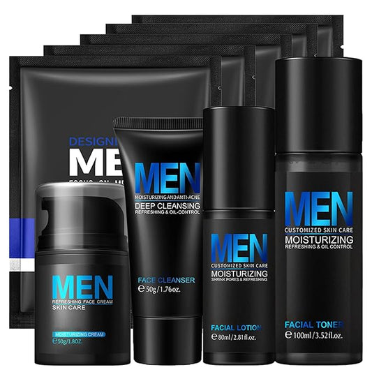 Cool Oil Control Mens Facial Care Kit, Mens Skin Care Kit With Face Wash, Moisturizer, Toner, Lotion, Face Mask, For Hydrating, Deep Cleansing, Men Skin Care Kit Gift Set For Birthday