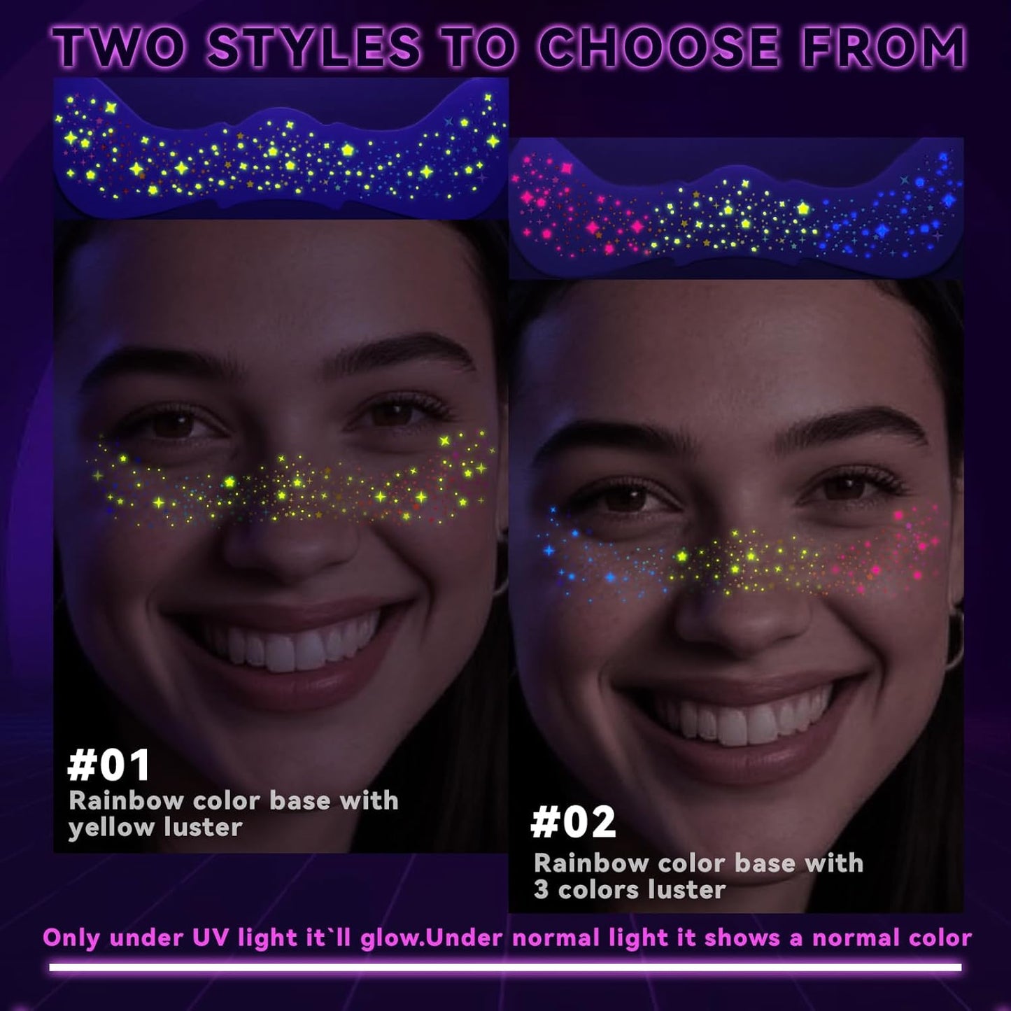 Noerrors 6pcs Rainbow Freckles Face Tattoo Sticker Glow under UV Light Blacklight in the Dark, Neon Fluorescent Glitter Colorful Star Fake Faux Freckle Temporary Patches Makeup for Party Supplies #02