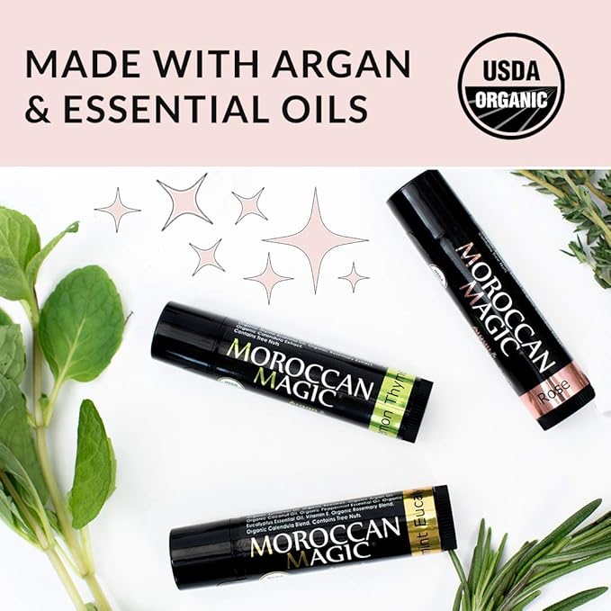 Organic Moroccan Magic Lip Balm 3 Pack | Elderberry & Manuka Honey Lip Balm Set | Chapsticks for Dry Lips | Made with Natural Argan, Essential Oils Lip Moisturizer and Vitamin E | Smooth Application