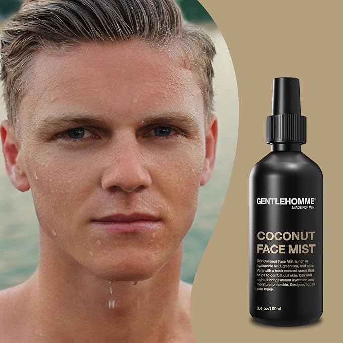 Coconut Face Mist - Men’s Facial Spray - with Hyaluronic Acid, Aloe Vera & Green Tea - Refresh, Moisturize & Hydrate - Use Day & Night - Safe for All Skin Types - Vegan - 3.4oz - 1 Pack