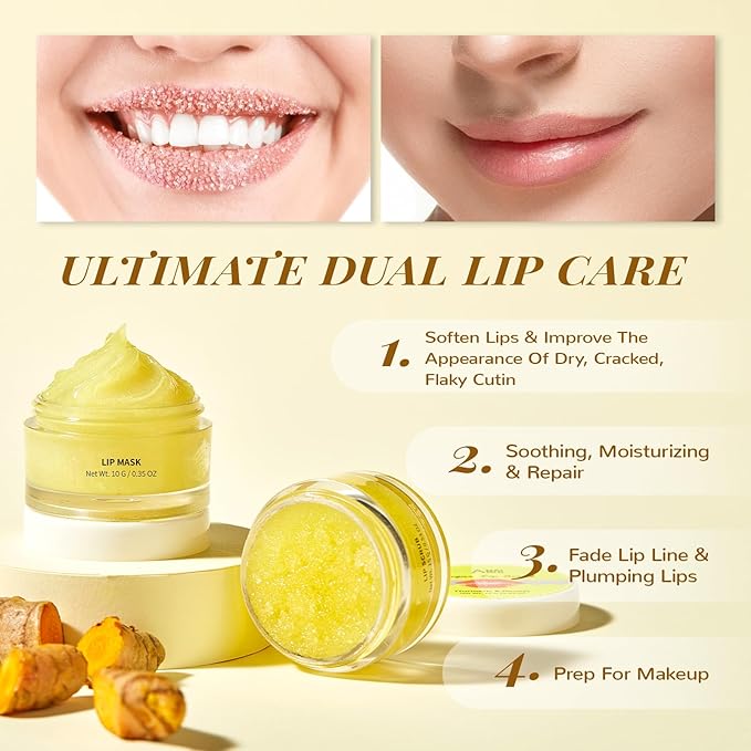 ANAI RUI Lip Care Kit - Sugar Scrub Set, Sleeping Mask & Exfoliator - Overnight Skin Treatment - Scrub & Moisturizer for Dry Chapped Cracked Peel Lips (Turmeric+Honey)