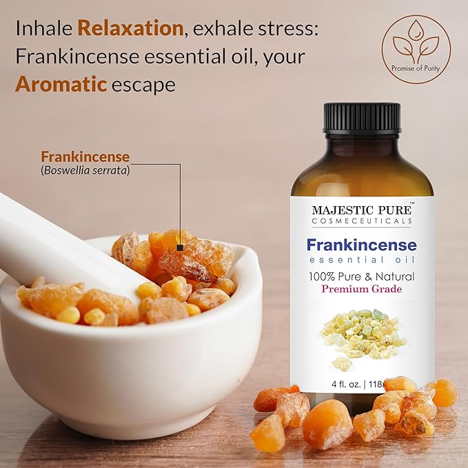 MAJESTIC PURE Frankincense Essential Oil with Glass Dropper | 100% Pure and Natural Frankincense Oil | Premium Grade Essential Oils for Diffusers, Skin, Aromatherapy, Massage | 4 Fl Oz