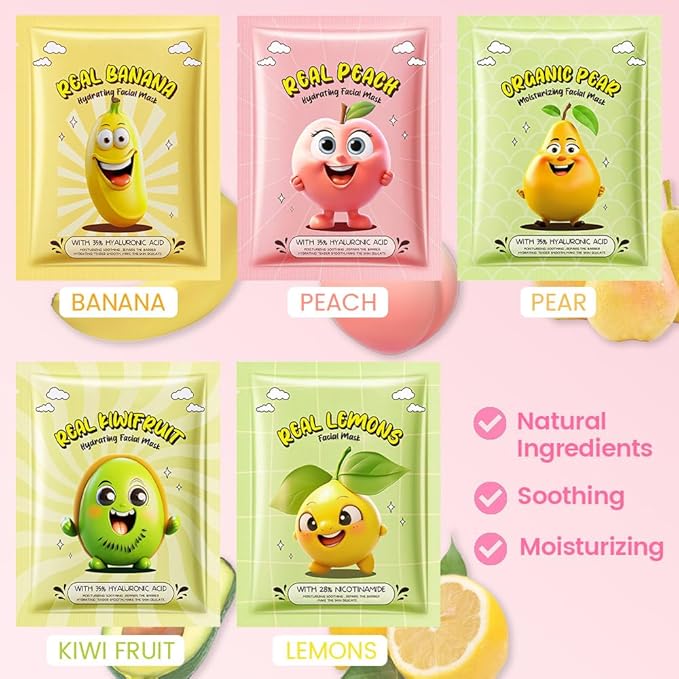 Kaely 10 Pack Fruit Face Masks for Kids, Kids Face Mask Spa Day kit Supplies, Spa Party Favors for Teens Girls Women, Sheet Facial Mask Skincare Gifts Set, Moisturize Soothe for All Skin Types, 02