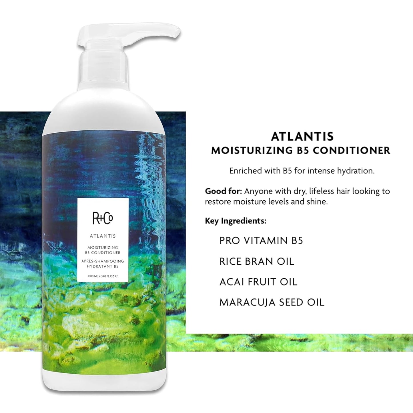 R+Co Atlantis Moisturizing B5 Shampoo & Conditioner Set + Deluxe Sample (0.5oz) | Deep Hydration & Repair for Dry Hair | Vegan + Cruelty-Free | 33.8oz (Pack of 2)