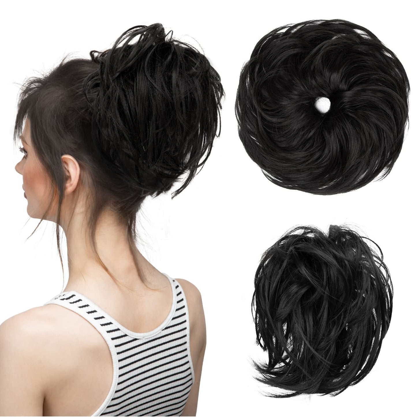 CJL HAIR Large Messy Bun Hair Piece Wavy Curly Scrunchies Synthetic Chignon Ponytail Hair Extensions Thick Updo Hairpieces for Women Off Black