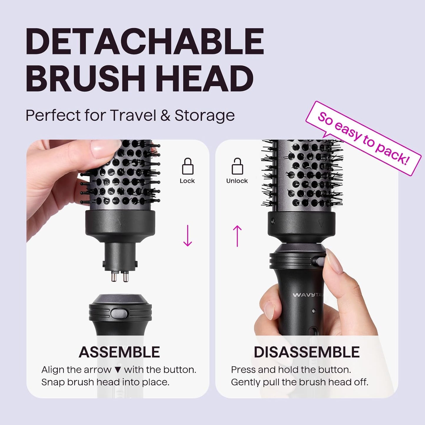 Wavytalk Thermal Brush, 1 1/2 inch Heated Round Brush with Detachable Head, Velvet Pouch and Dual Voltage for Travel, Easy to Create Blowout Look, Classic Black