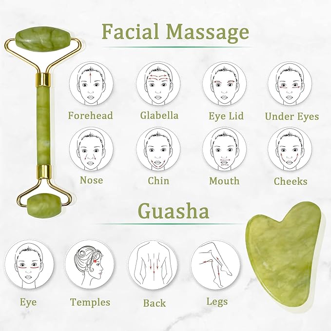 Jade Roller and Gua Sha Stone Set - Therapeutic Frozen Facial Massager for Beauty - Homemade Cold depuff Face Roller for Women (Green/2Pcs)