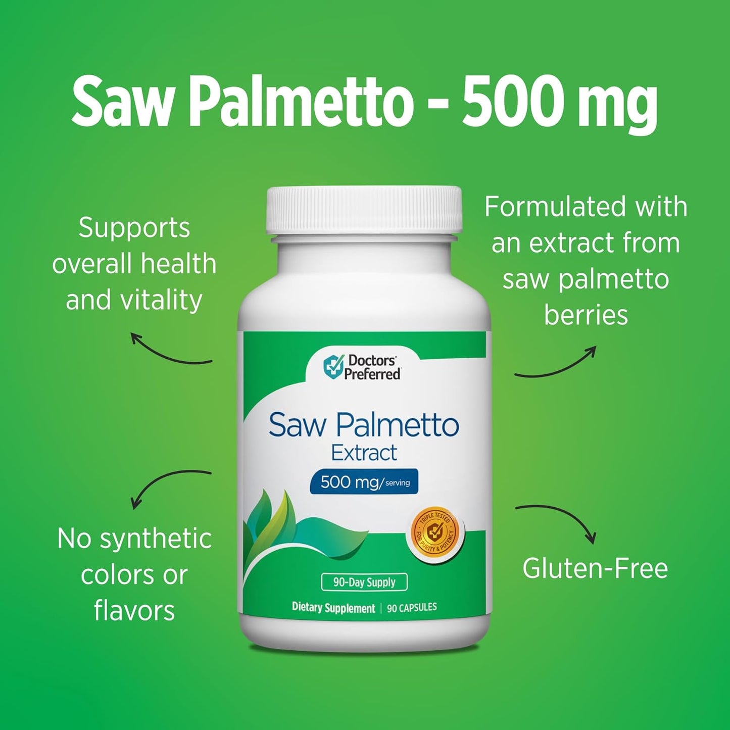 DOCTORS' PREFERRED Saw Palmetto for Men and Women Extract Supplement — 500 mg/Serving | 90 Capsules