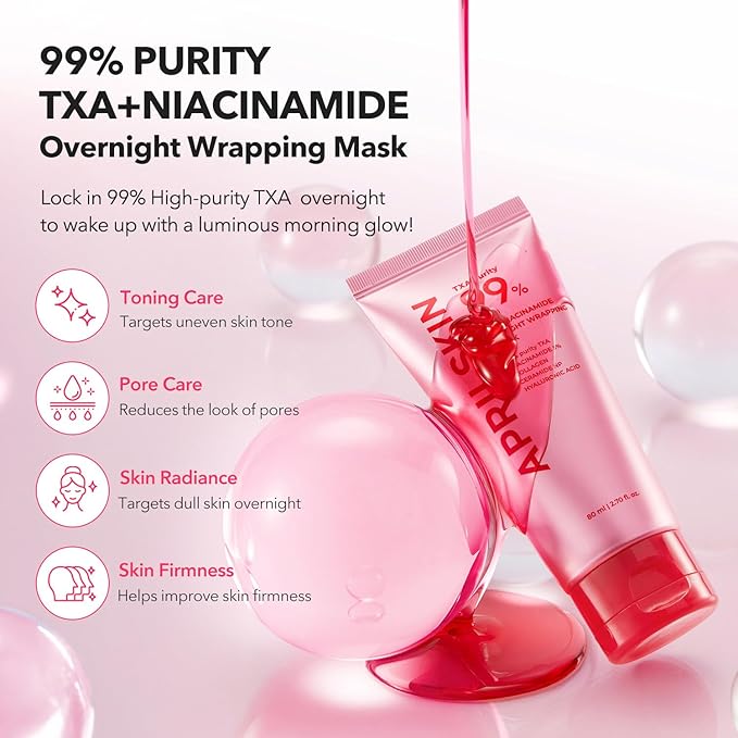 APRILSKIN TXA Overnight Glow Booster Trio: TXA Niacinamide Toning Shot 99 Spicule Facial Serum, TXA Niacinamide 99 Pink Milky Toner and TXA Niacinamide 99 Overnight Wrapping Mask
