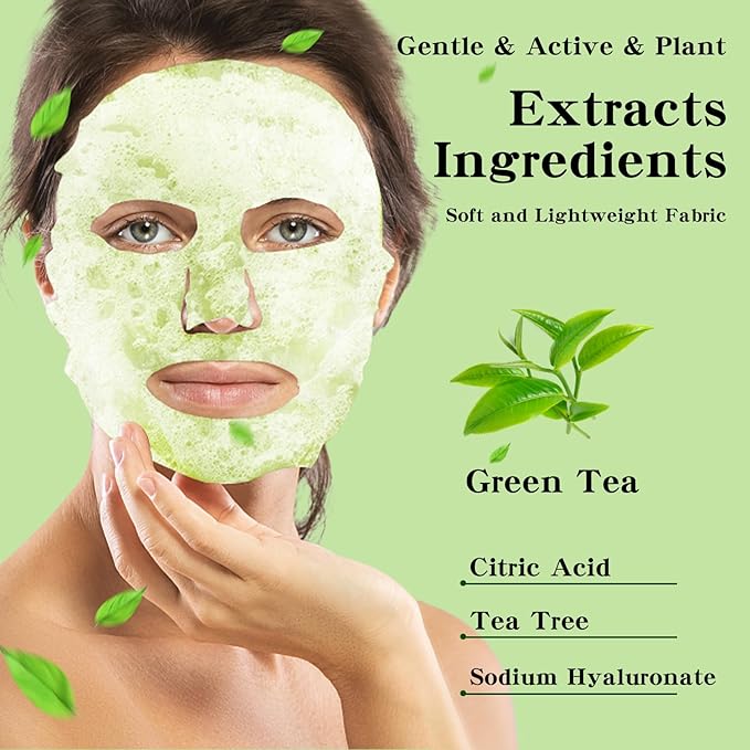 IREV 10 Pack Green Tea O2 Bubble Face Masks Sheet, Bubble Facial Mask, Foaming Face Mask, Purifying Facial Mask for Acne and Pores, Moisturizing Spa Face Masks Skincare, Brightening Beauty Masks
