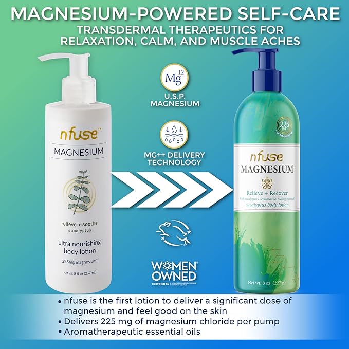 nfuse Magnesium Lotion | 100% Pure Magnesium Chloride USP Grade | Calming Magnesium with Eucalyptus Essential Oils and Menthol (8 oz)