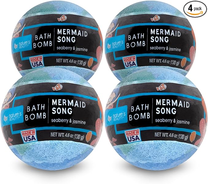 Nature's Beauty Mermaid Song, Seaberry & Jasmine Scent Bath Bomb for Kids Multi-Pack - Natural Hand Crafted, Non-Staining, Fun Bubbly Fizzy Spa Bomb, Made w/Coconut Oil + Witch Hazel, 5.5oz (4 Pack)