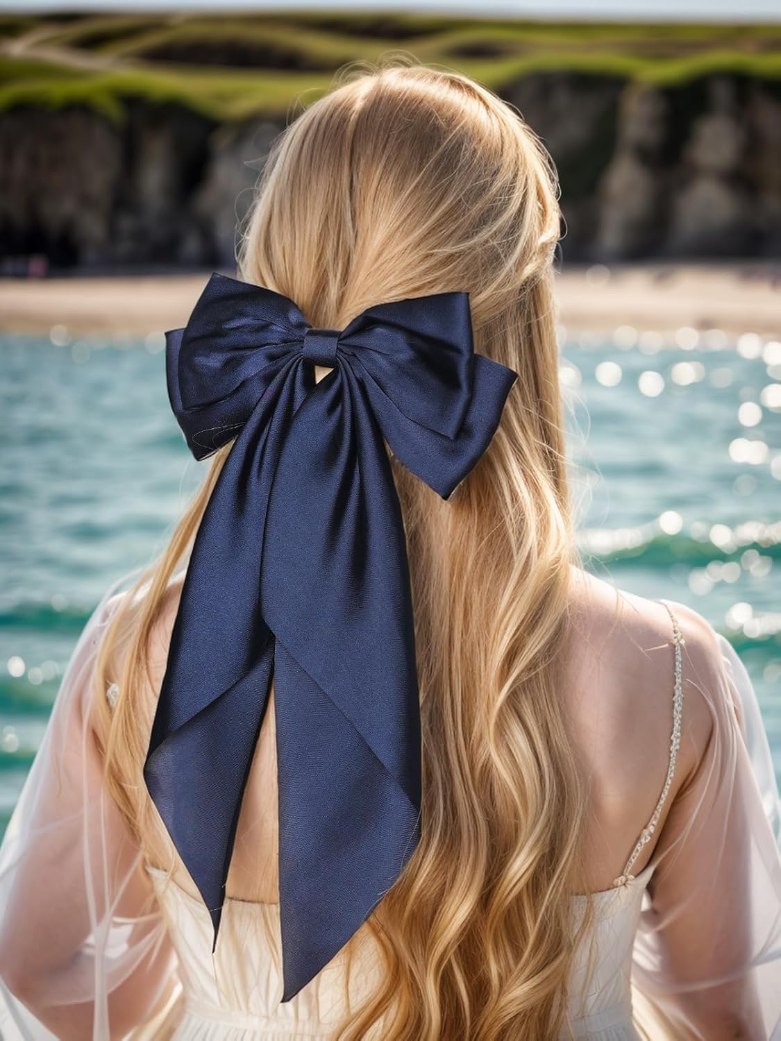 Satin Bow Barrettes and Long Ribbon Navy Hair Pins for Girls and Women - Party Hair Accessories with Bowknot Hairpins