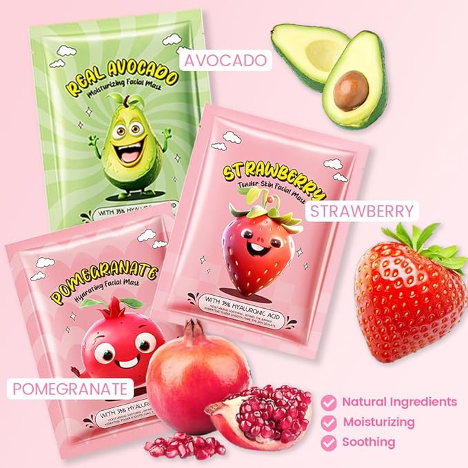 Kaely 12 Pack Fruit Face Masks for Kids, Kids Face Mask Spa Day kit Supplies, Spa Party Favors for Teens Girls Women, Sheet Facial Mask Skincare Gifts Set, Moisturize Soothe for All Skin Types, 03