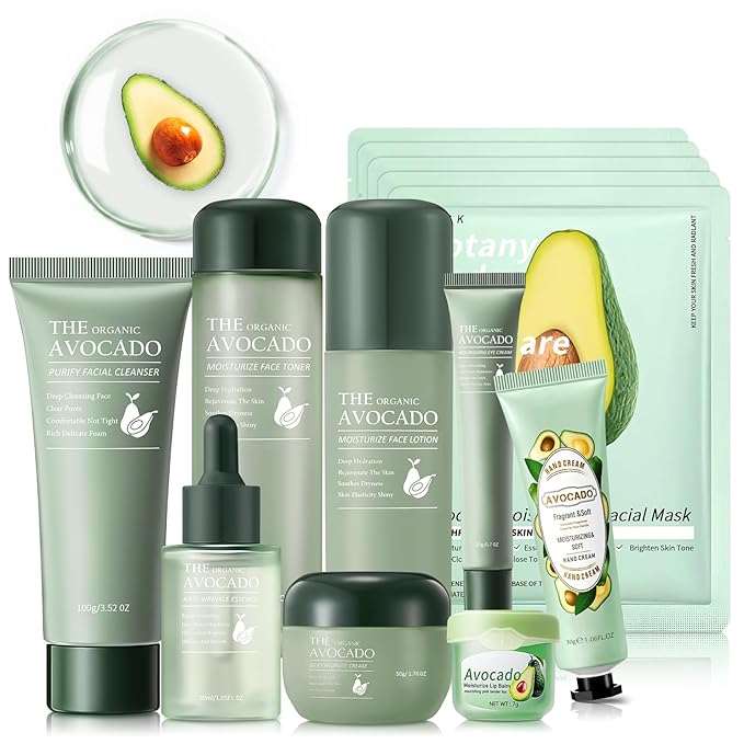 Avocado Skin Care Set, 13-In-1 Travel Skincare Kits for Hydrating & Soothing Skin, Daily Care Routine Kit with Avocado, Anti Aging Facial Kit for Women, Reduces Acne, Fine Lines & Wrinkles.