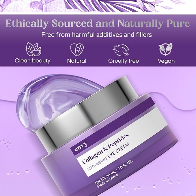 Envy Collagen & Peptides Eye Cream - Reduces Dark Circles, Puffiness & Wrinkles, Moisturizing, Anti-Aging, Rejuvenates, Dermatologist Tested, Cruelty-Free Korean Skin Care for All Skin Types - 1.01 Oz
