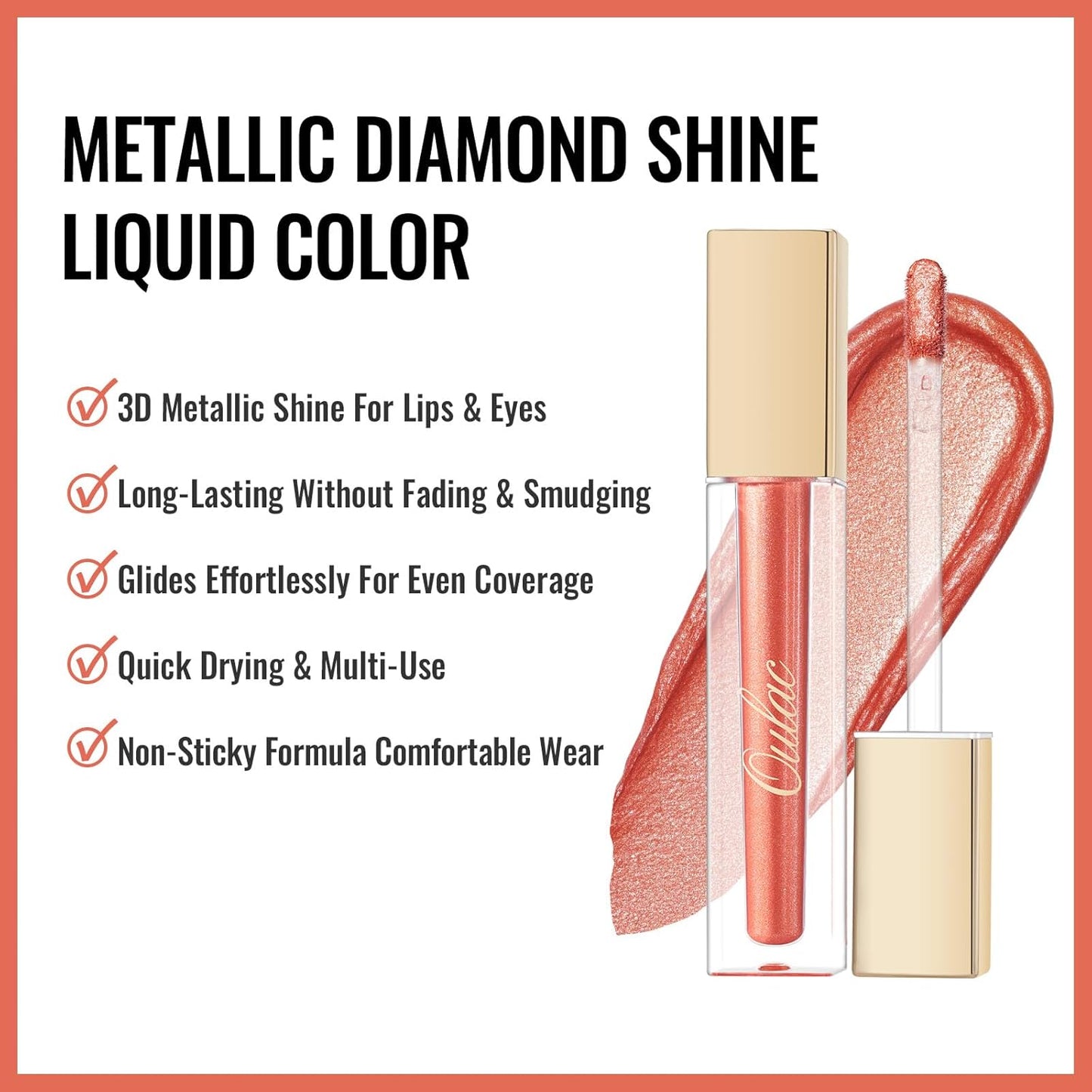 Oulac Orange Lip Gloss Metallic Shine Lipstick for Women, Dual Use for Lips & Eyeshadow, Long Lasting Waterproof, High Impact Lip Color, Oil-Based Formula, Vegan, 4.5ml, MD03