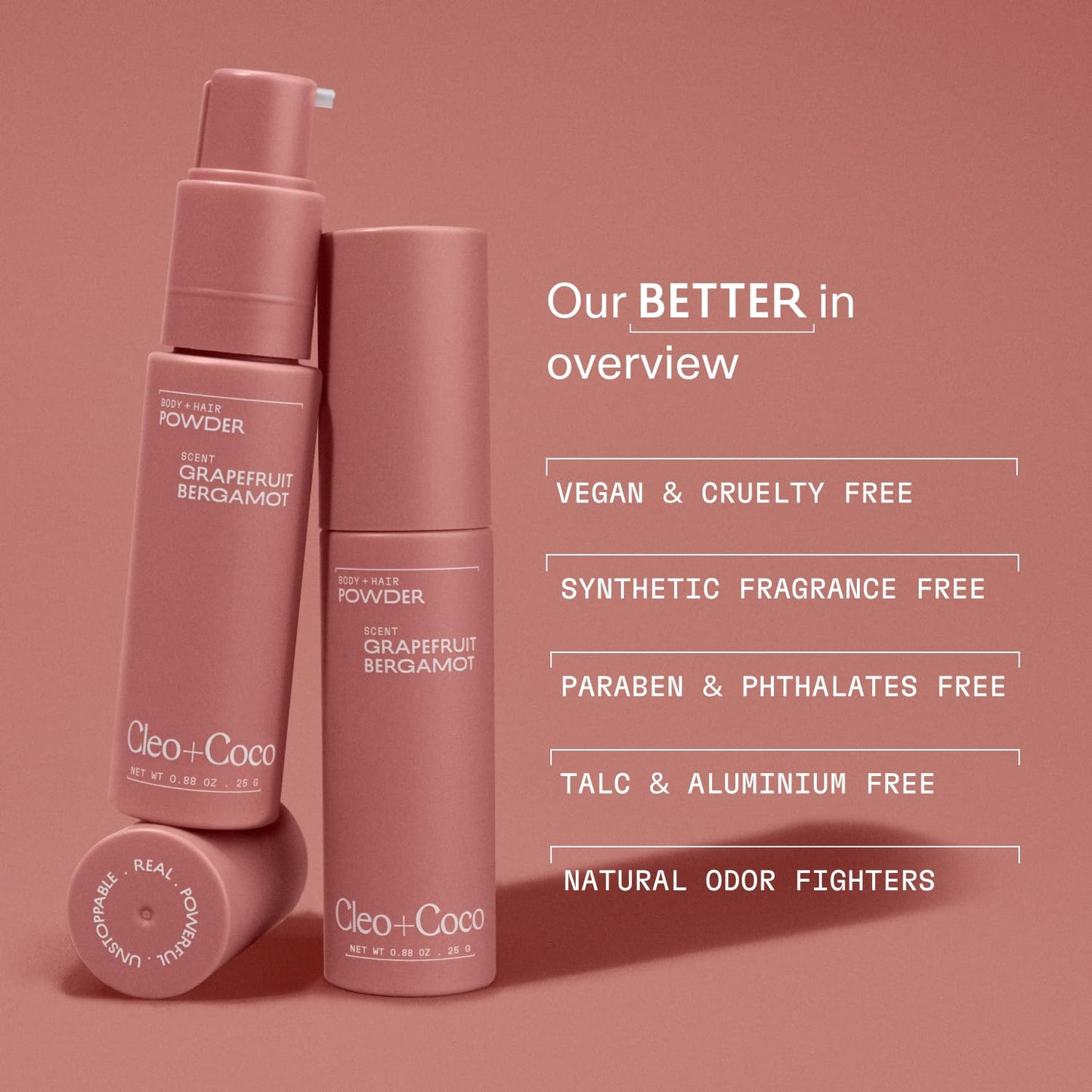 Cleo + Coco. Deodorant Powder for Body and Hair, Grapefruit Bergamot (0.88 oz), 2-in-1 Deo Powder & Dry Shampoo for Women & Men, Aluminum Free Deodorant, Talc-Free, Anti Chafe Protector, Travel-Size