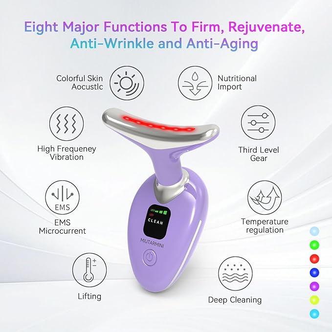 Facial & Neck Massager with Red Light Therapy | 7-Color LED Face Sculpting Wand | at-Home Skincare Tool for Women (Purple)