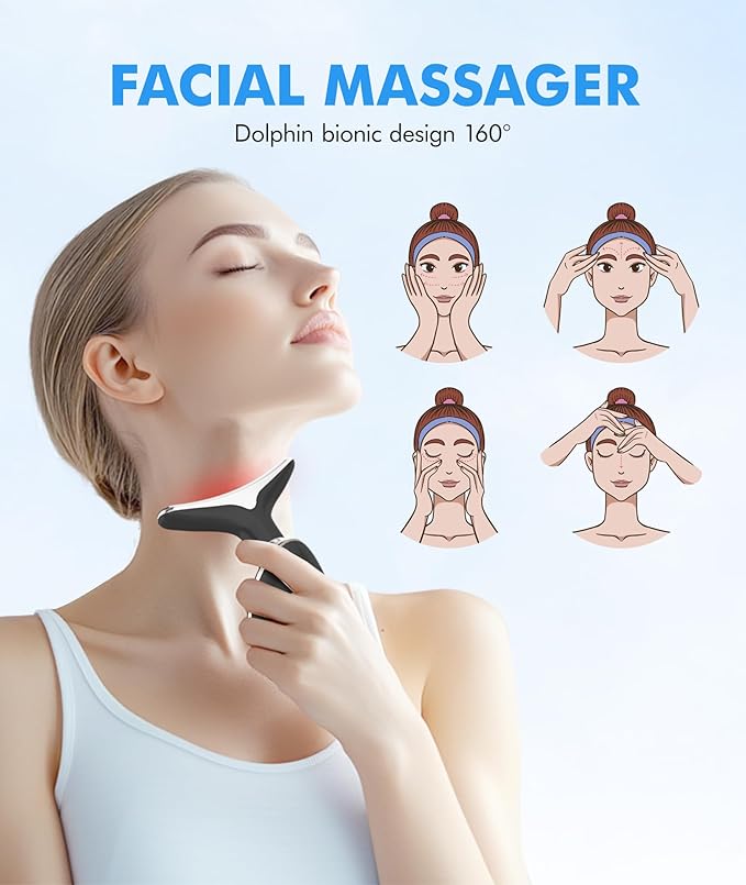 Red-Light-Therapy-for-Face-and-Neck, 7 Color Face Massager Tool for Wrinkles, Double Chin, Vibrating Facial Massager with Thermals for Skin Care, Glossy Black