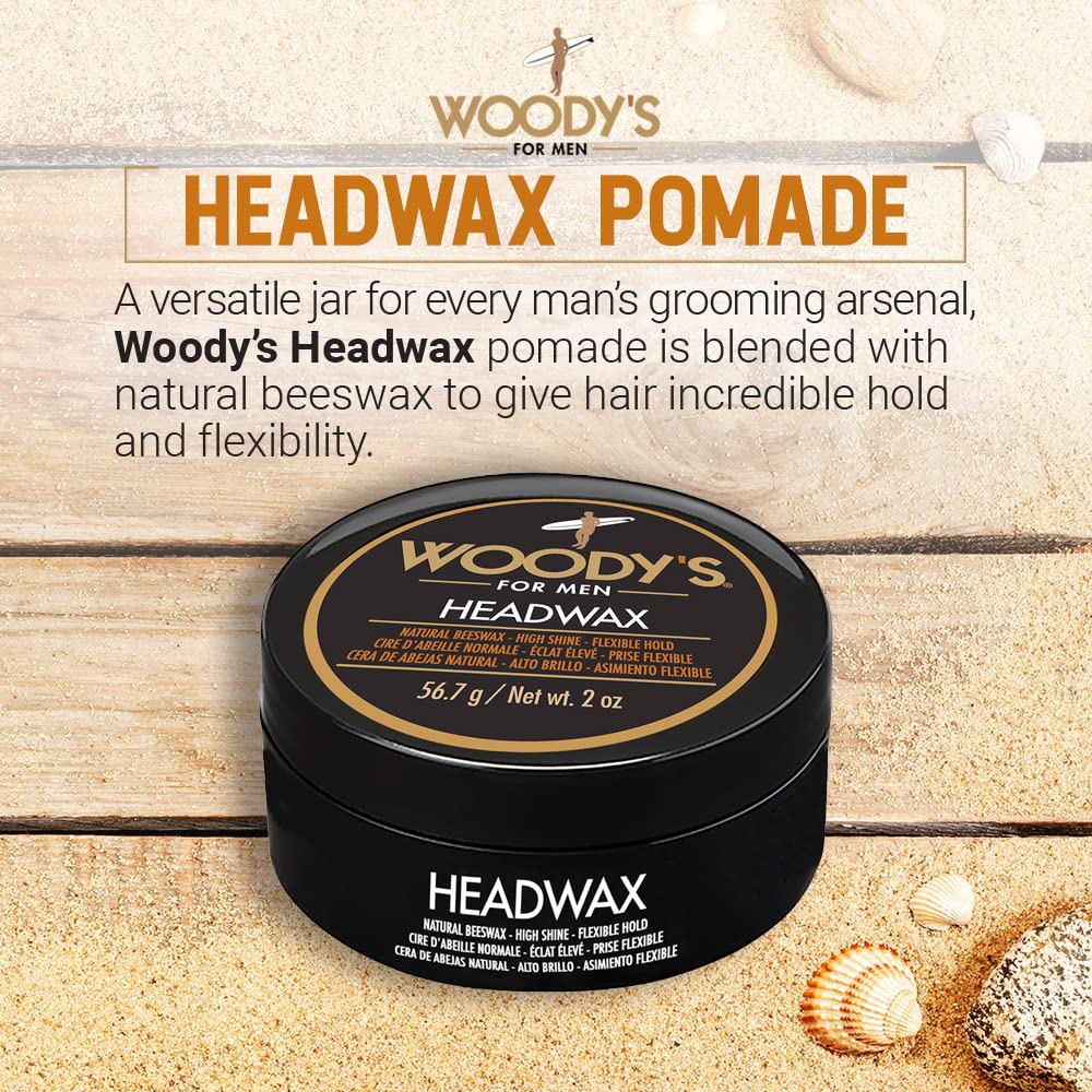 Woody's Headwax Styling Pomade for Men, Flexible Hold, High Shine, with Natural Beeswax, Non-stiff, Non-Sticky, Moldable, For all Hair Types, Travel-size, 2 oz./ 2-Pack