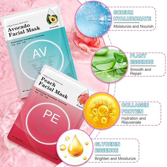 VESPRO 100 Pack Collagen Essence Sheet Facial Masks, Bulk Face Masks Skincare, Hydrating Face Masks for All Skin Types, Moisturizing and Soothing, Natural Skin Care Spa Face Mask