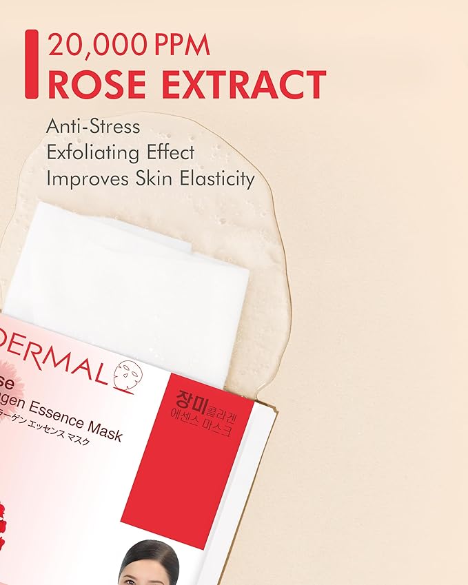 DERMAL Rose Collagen Essence Korean Facial Mask Sheet Pack of 10 - Reviving Tired Skin, Soothing & Hydrating - Hypoallergenic Skin Friendly Sheet
