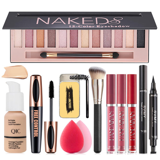 All in One Makeup Kit, Makeup Kit for Women Full Kit, Travel Make Up Gift Set for Women Teens Girls, Includes Eyeshadow, Foundation, Lipstick Set, Eyebrow Soap, Eyeliner Stamp, Mascara, Brush, Sponge