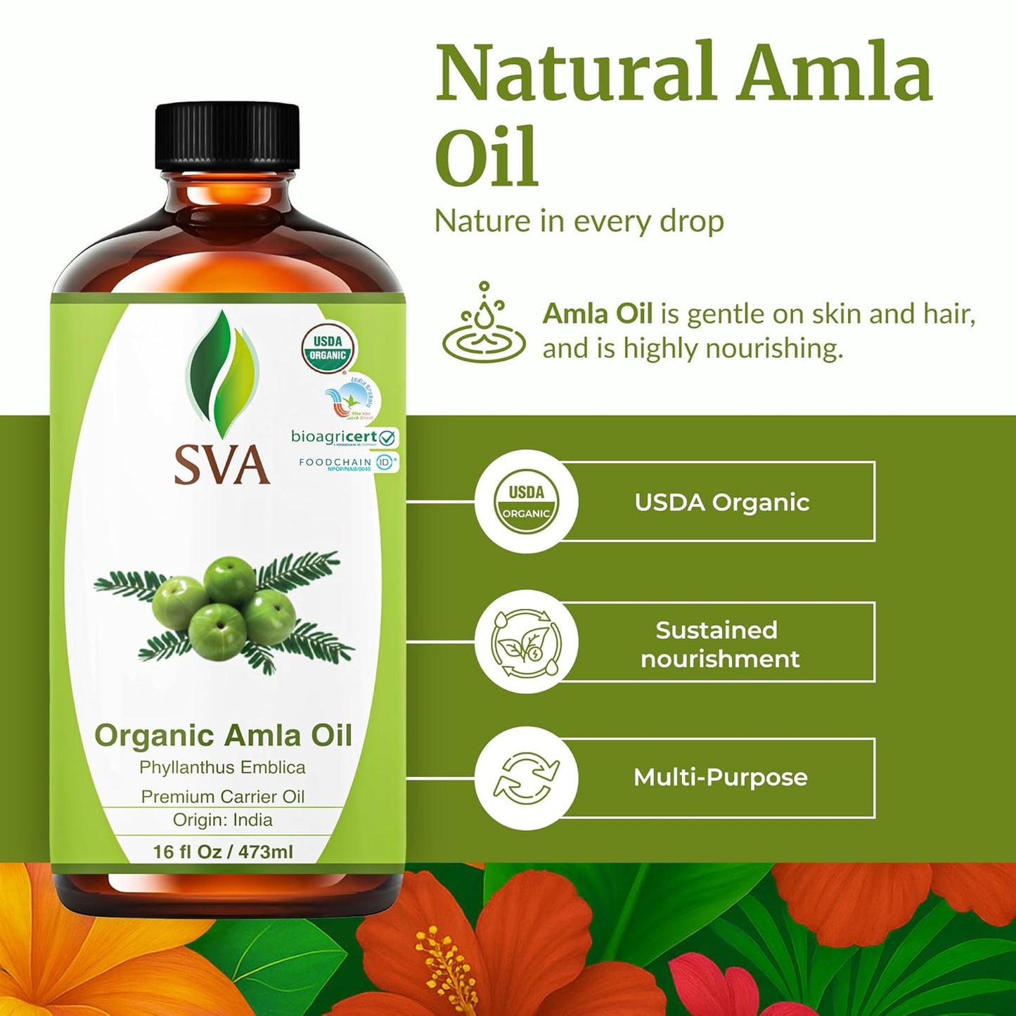 SVA Amla Oil Organic - 16 Fl Oz – 100% Natural Cold Pressed Organic Amla - for Face, Skin Care, Hair Care, Scalp Massage & Body Massage – Carrier Oil