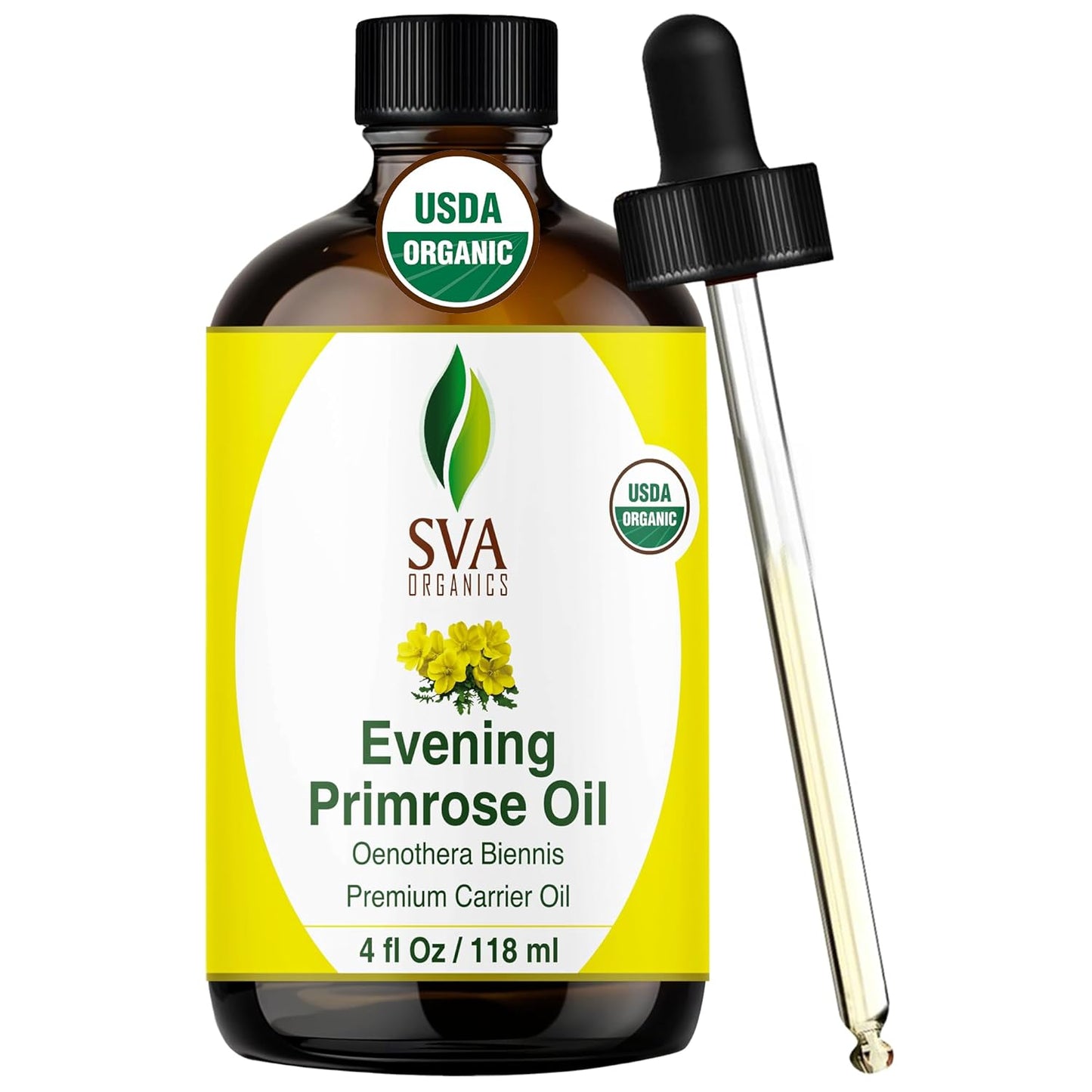 SVA Evening Primrose Oil Organic - 4 Fl Oz – 100% Natural Cold Pressed Organic Evening Primrose Oil - for Face, Skin Care, Hair Care, Scalp Massage & Body Massage – Carrier Oil with Dropper