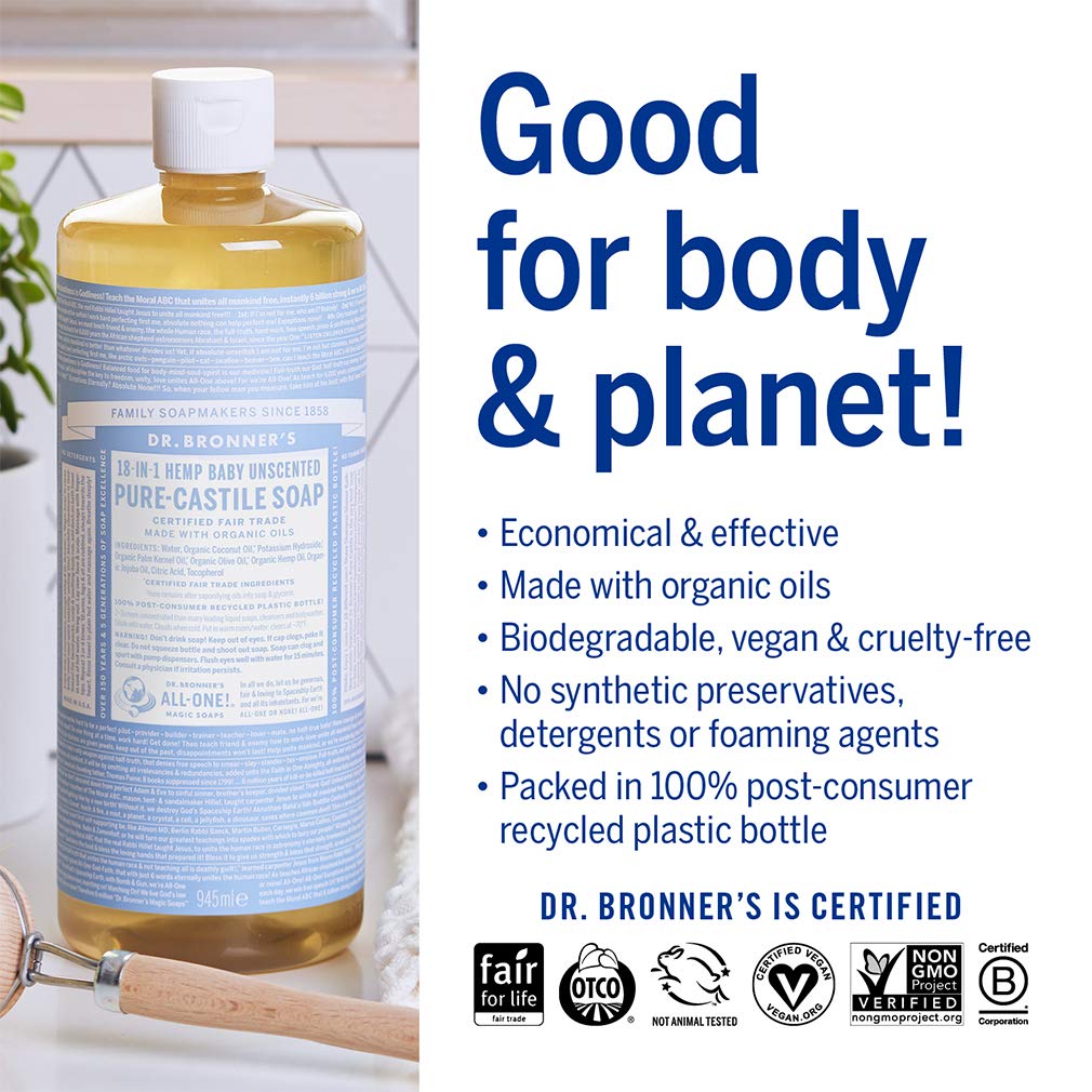 Dr. Bronner's Magic Soap-Pure-Castile Liquid Soap (Baby Unscented, 32 ounce, 2-Pack)-Regenerative Organic Certified Oils, 18-in-1 Uses: Body, Laundry & Dishes, For Sensitive Skin, No Fragrance
