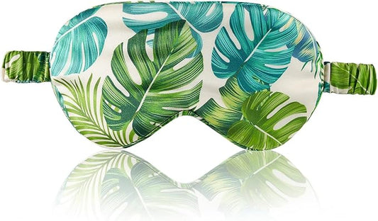 THXSILK Sleep Mask 100% 19 Momme Pure Mulberry Silk Super Smooth Cooling Decorative Sleep Eye Mask Blackout Eye Cover with Wide Head Strap, Monstera-Green