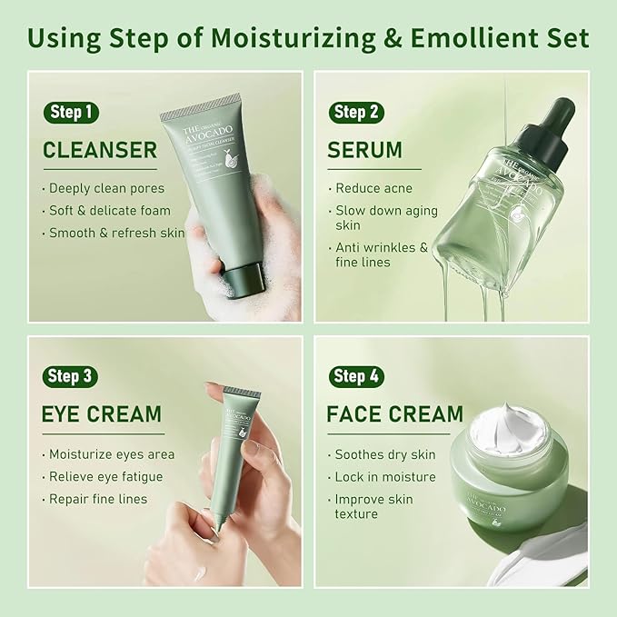 Avocado Skin Care Set, Skincare Gifts Kits For Hydrating Skin, Facial Kit For Women With Facial Cleanser, Serum, Face Cream, Eye Cream, Travel Skincare Set.(4 Pieces)