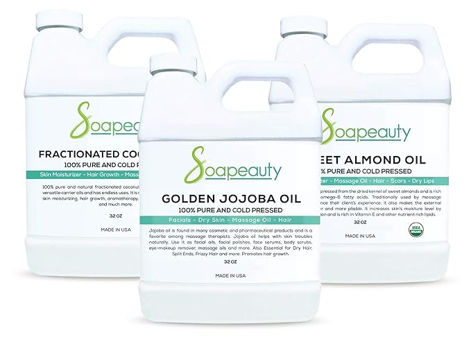 Golden Jojoba Oil, Fractionated Coconut Oil & Organic Sweet Almond Oil Bundle | 100% Pure & Natural | Carrier for Essential Oils | Moisturizer for Face, Skin, Hair, Body | DIY Projects
