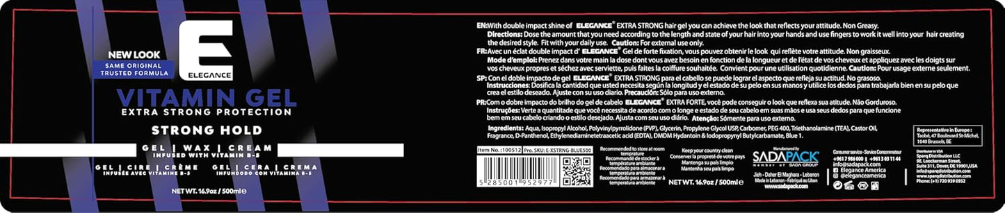 Elegance Vitamin Gel, 16.9 Oz, Infused with Vitamin Pro-VB-5, Strong Hold Gel, Maximum Hair Protection and Natural Long Lasting Shine