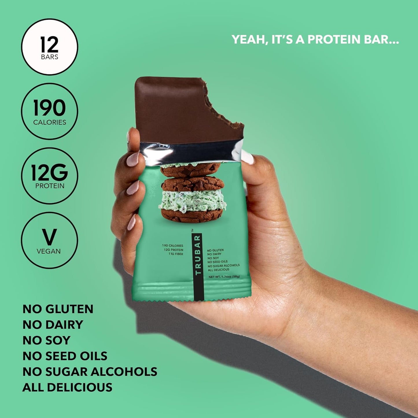 TRUBAR Vegan Protein Bars - Soy Free, Dairy Free, Gluten Free Protein Bars - No Sugar Alcohols - Non-GMO - 12g of Protein - It's Mint To Be Chip - 12 Count