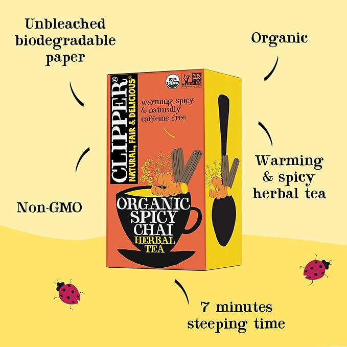 Clipper Tea Organic Spicy Chai Herbal Tea, Organic, Non-GMO, Caffeine Free British Tea, 6 Pack, 120 Unbleached Tea Bags